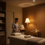 조명이 은은하게 켜진 서면 스토리 마사지룸 내부, 따뜻한 무드의 침대와 아로마 조명 인테리어