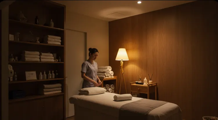 조명이 은은하게 켜진 서면 스토리 마사지룸 내부, 따뜻한 무드의 침대와 아로마 조명 인테리어